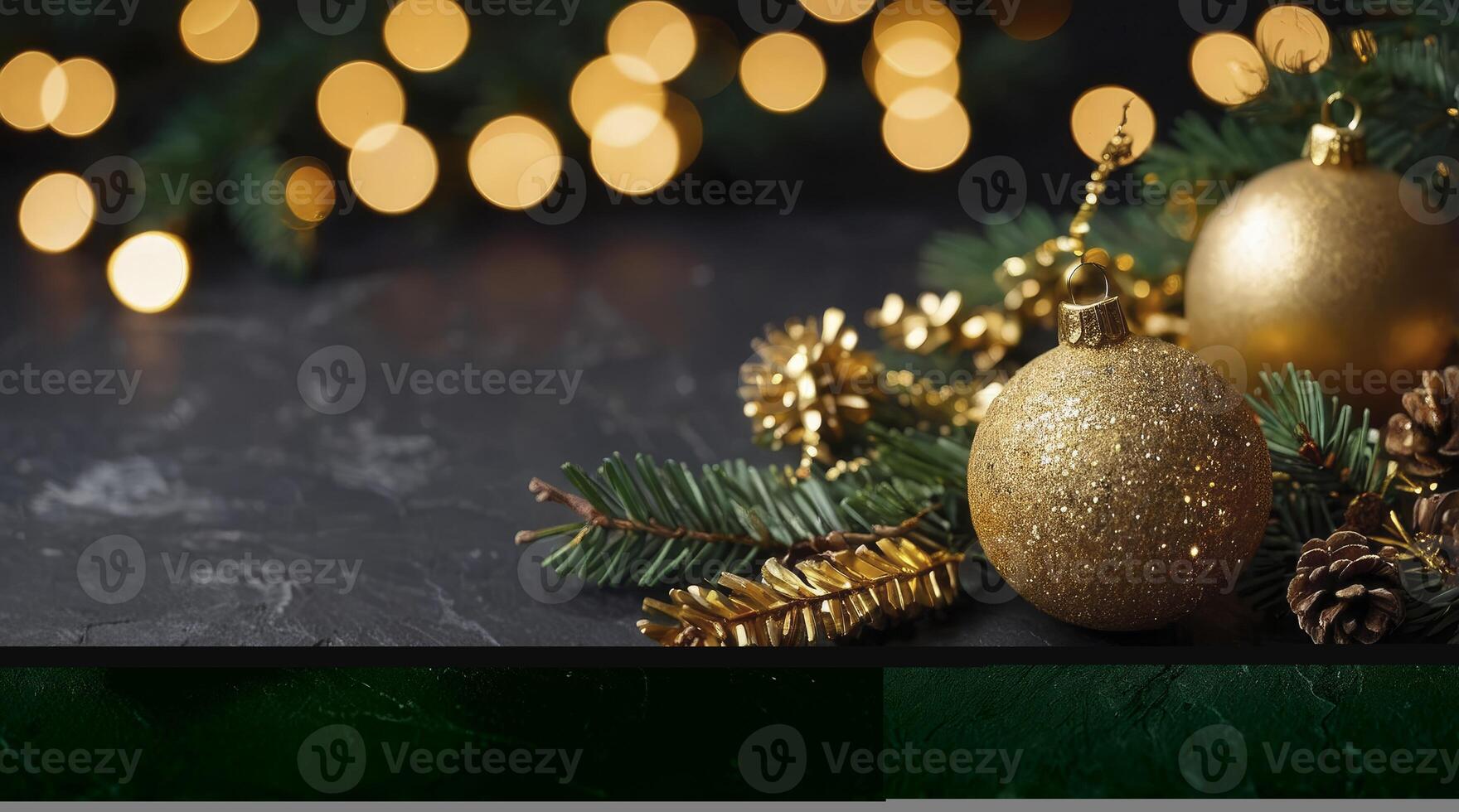 Elegant Christmas Ornaments and Evergreen Branches on Dark Background with Bokeh photo