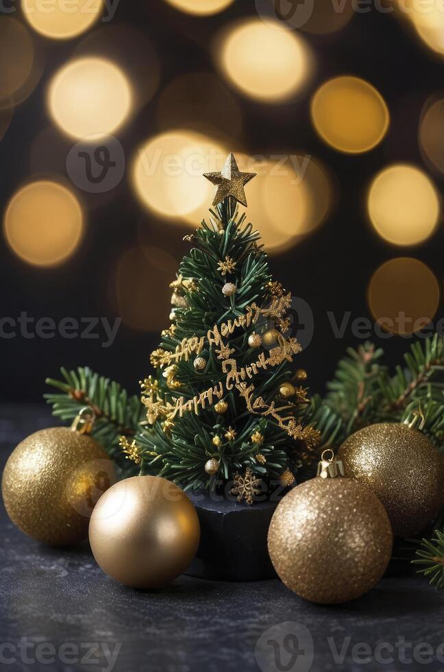 Festive Christmas Tree and Golden Ornaments with Bokeh Lights Background photo