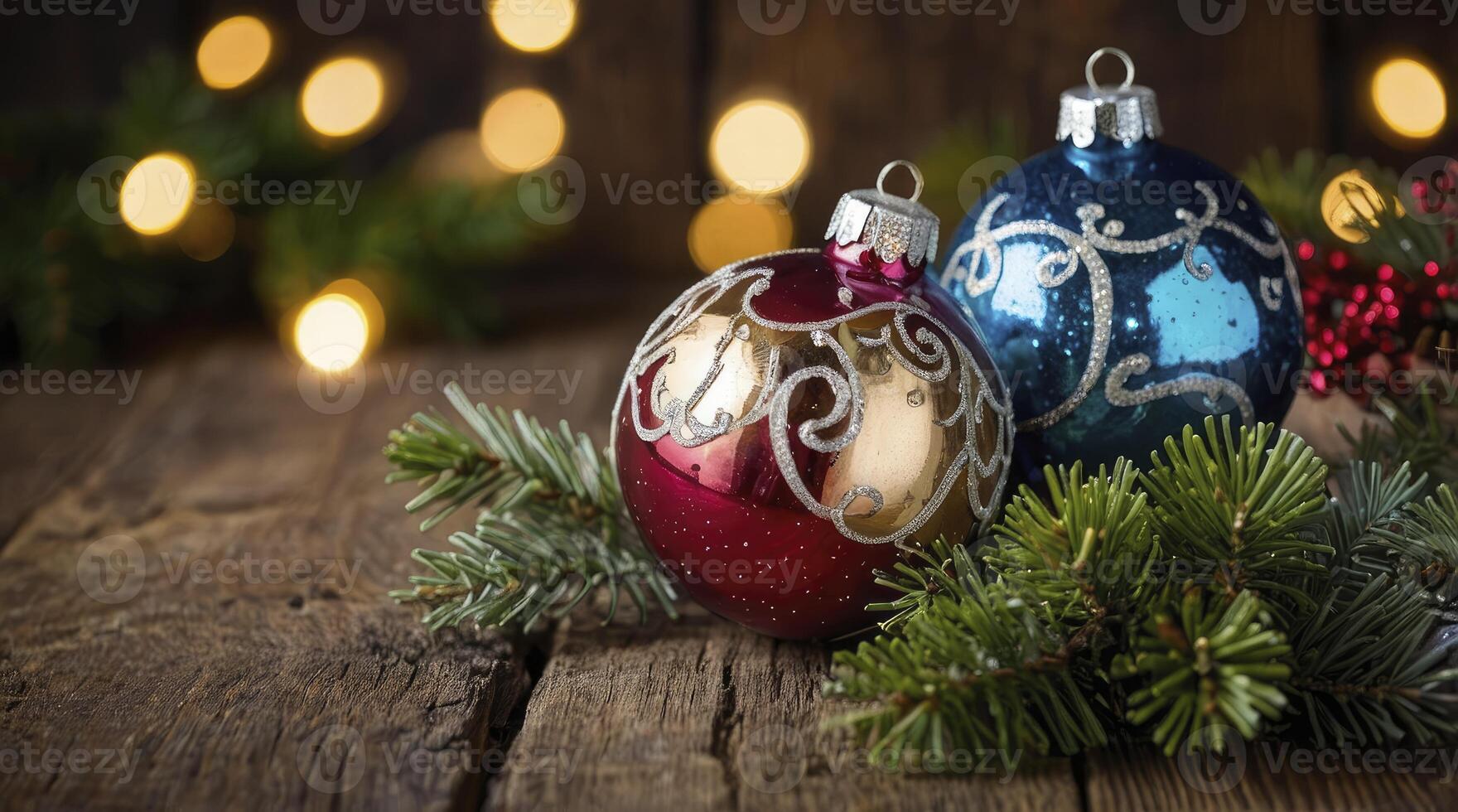 Festive Christmas Ornaments on Rustic Wood with Bokeh Lights Backdrop photo