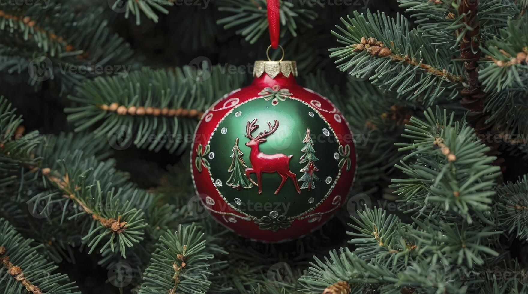 Hanging Christmas Ornament with Reindeer and Tree Design on Fir Branch photo