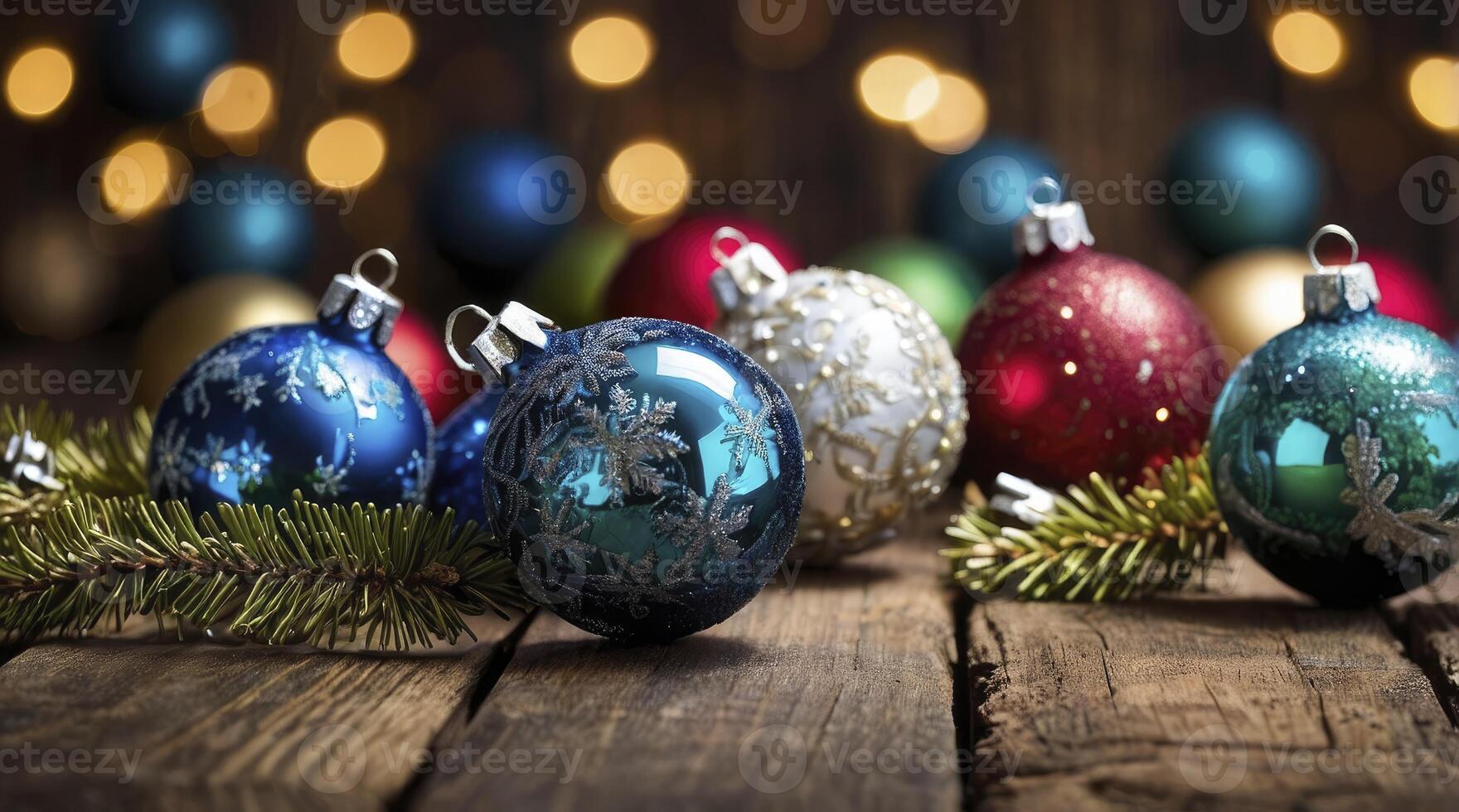 Colorful Christmas Ornaments on Rustic Wood with Bokeh Lights Festive Still Life photo