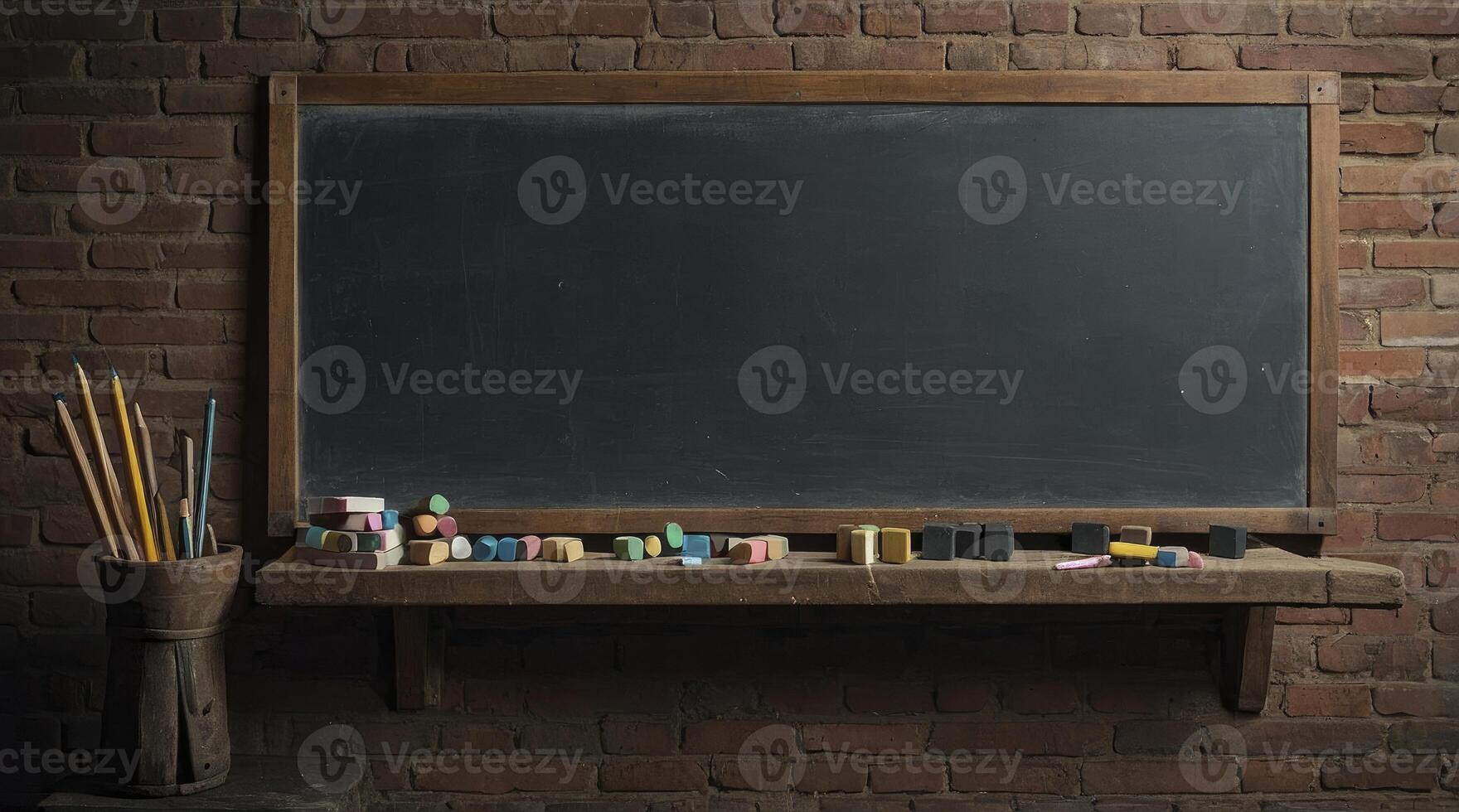 Vintage Chalkboard on Brick Wall with Chalk and Pencils Still Life photo