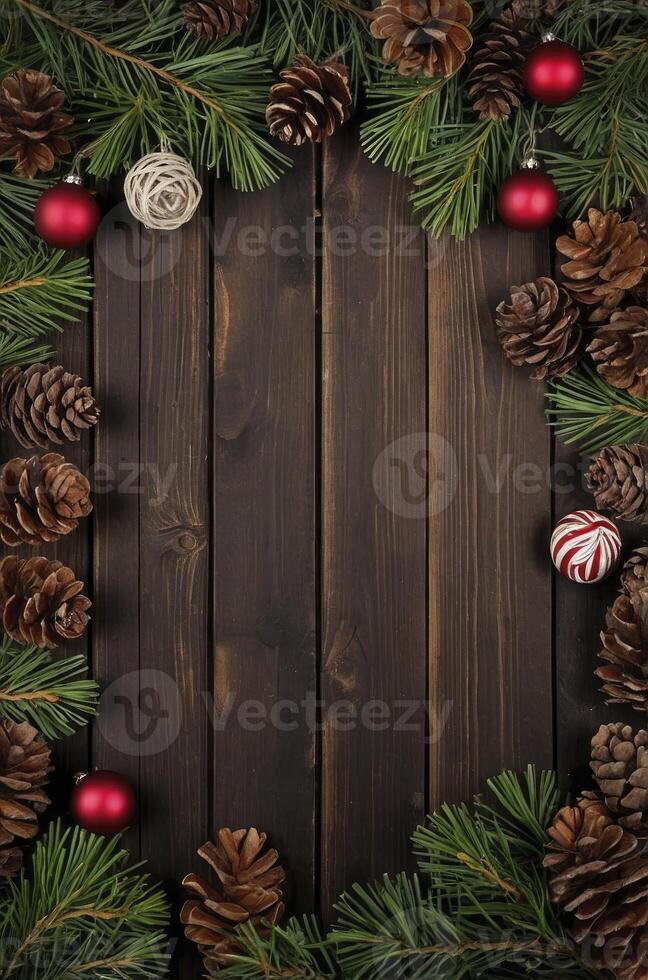 Christmas Pine Branches and Pine Cones Arranged on Rustic Wood Surface photo