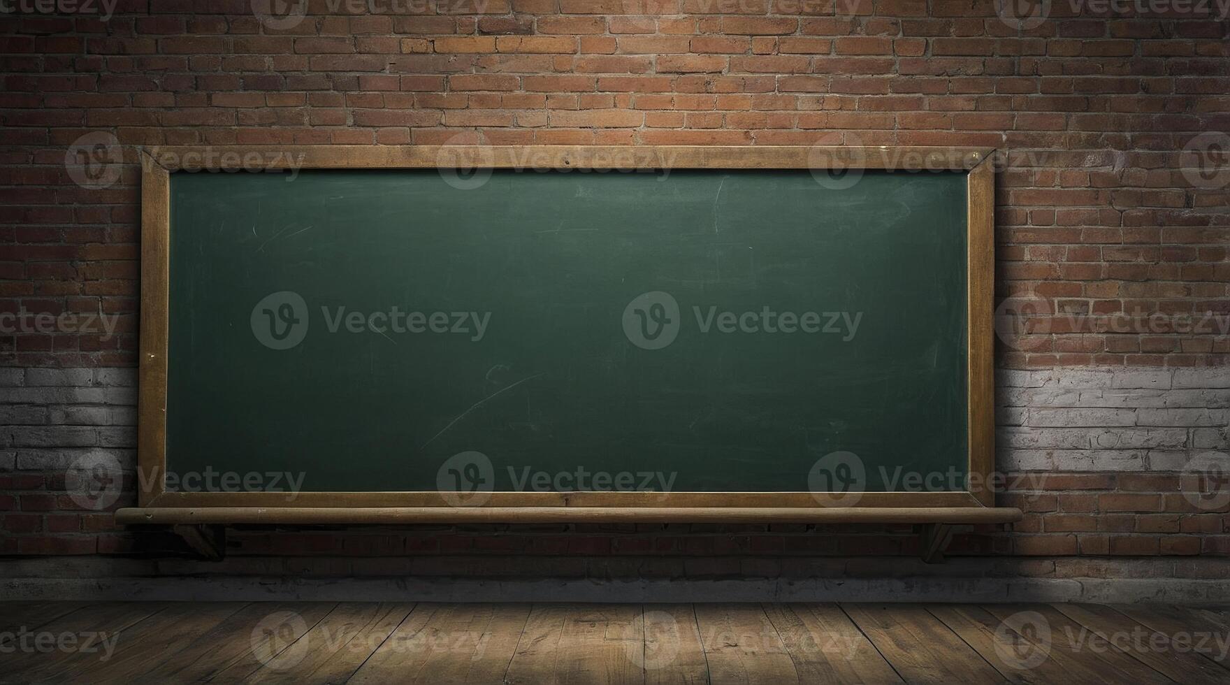Chalkboard on Brick Wall with Wood Floor Empty Green Surface photo