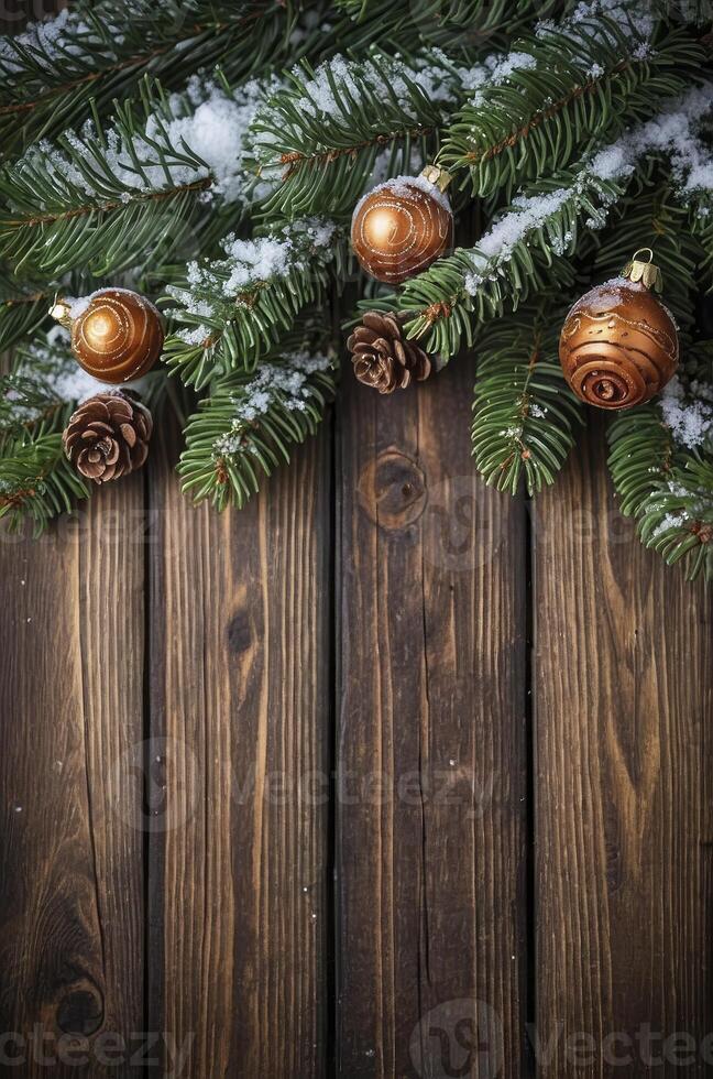 Christmas Tree Branch with Ornaments and Snow on Wooden Surface photo
