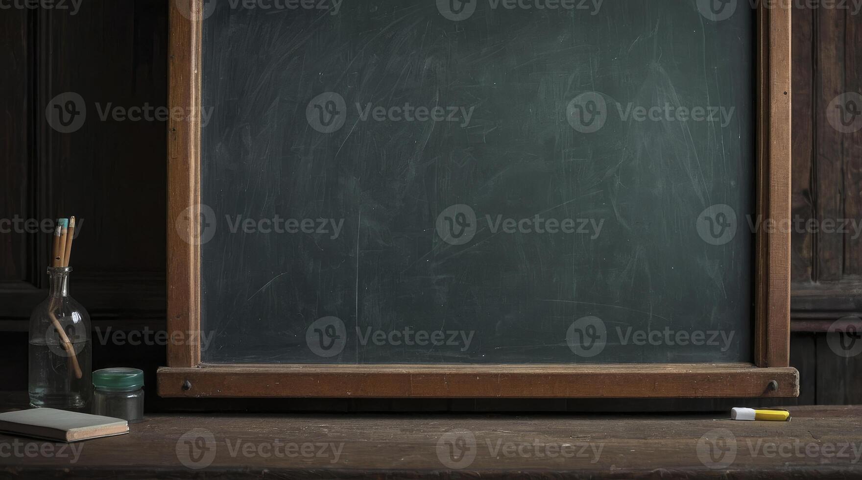 Chalkboard in Classroom with Wooden Frame and Vintage School Supplies photo