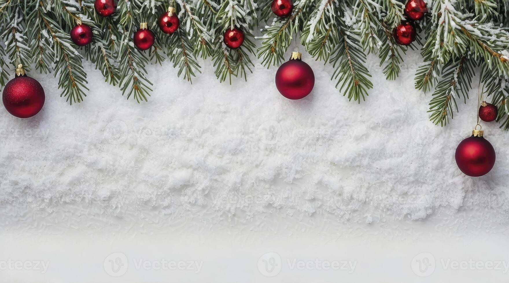Festive Christmas Tree Branch with Snow and Red Ornaments photo