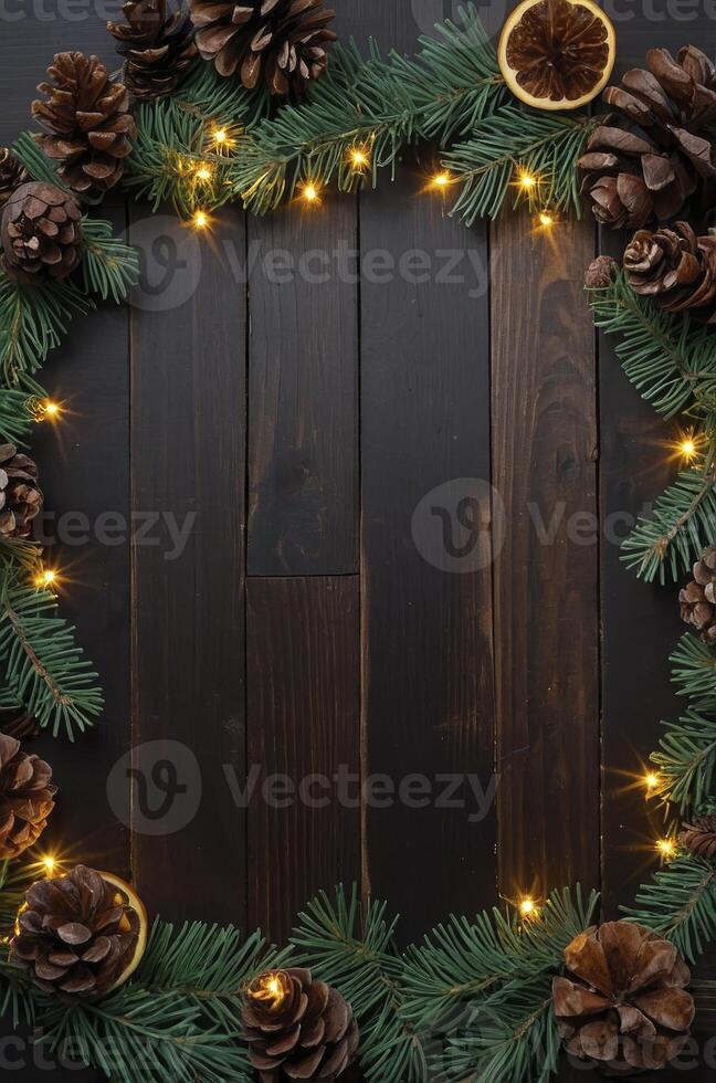 Creating a Rustic Christmas Frame with Pinecones, Lights and Evergreens photo