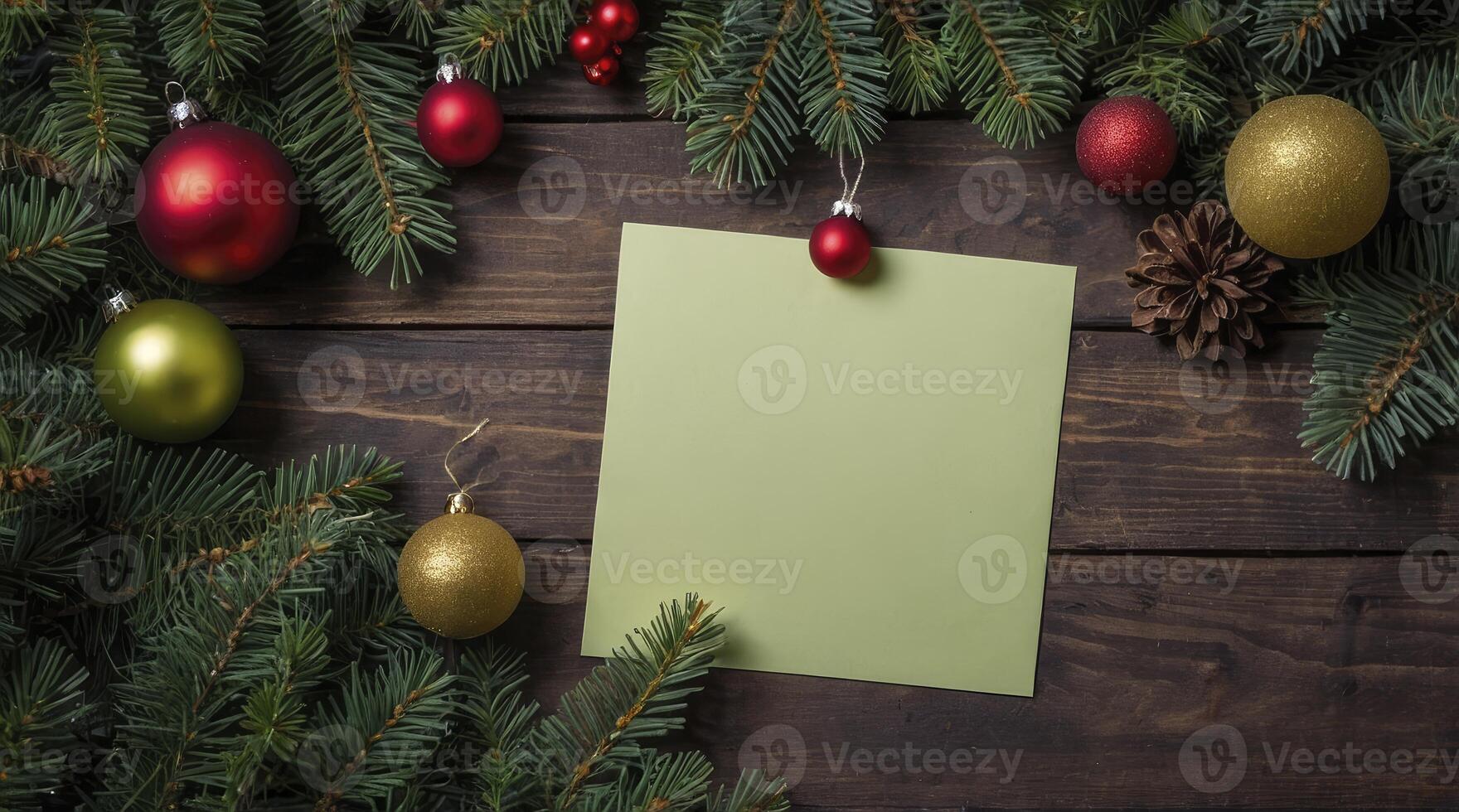 Christmas Card on Wooden Background with Festive Decorations and Fir Branches photo
