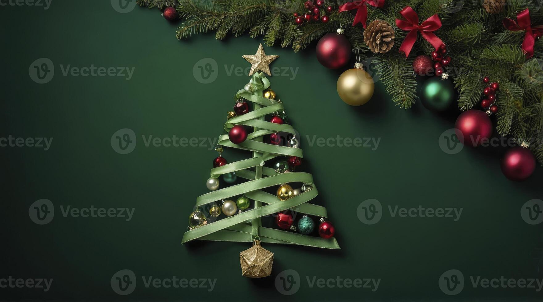 Festive Christmas Tree Made of Ribbon and Ornaments on Green Background photo