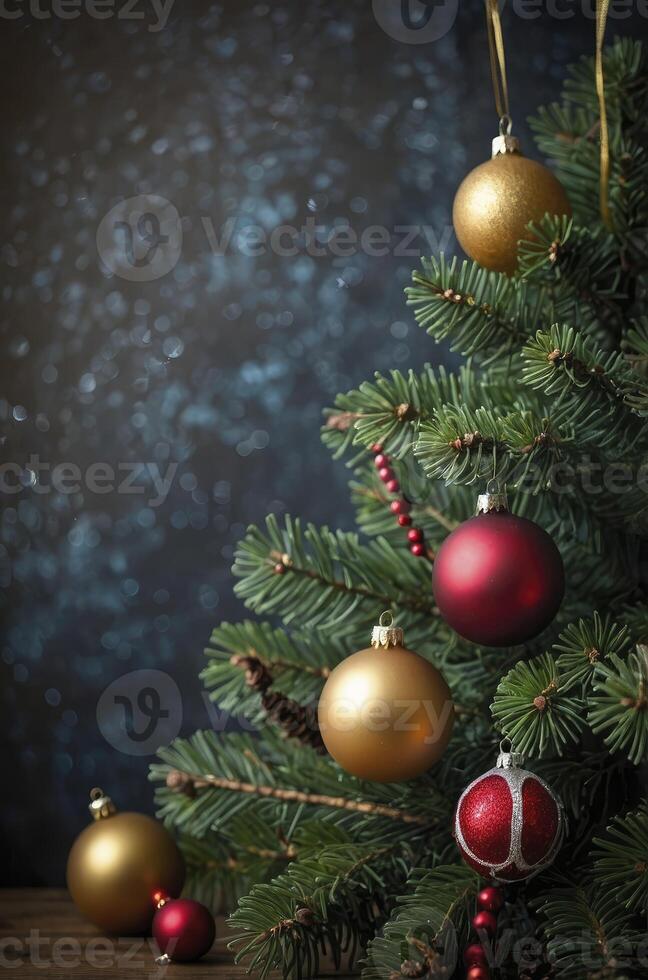 Decorated Christmas Tree with Baubles and Lights on Rustic Background photo