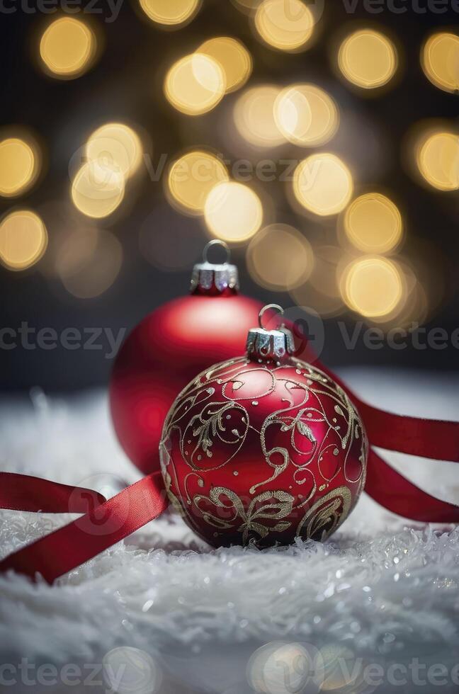 Festive Christmas Ornament Display with Bokeh Lights and Elegant Ribbon photo