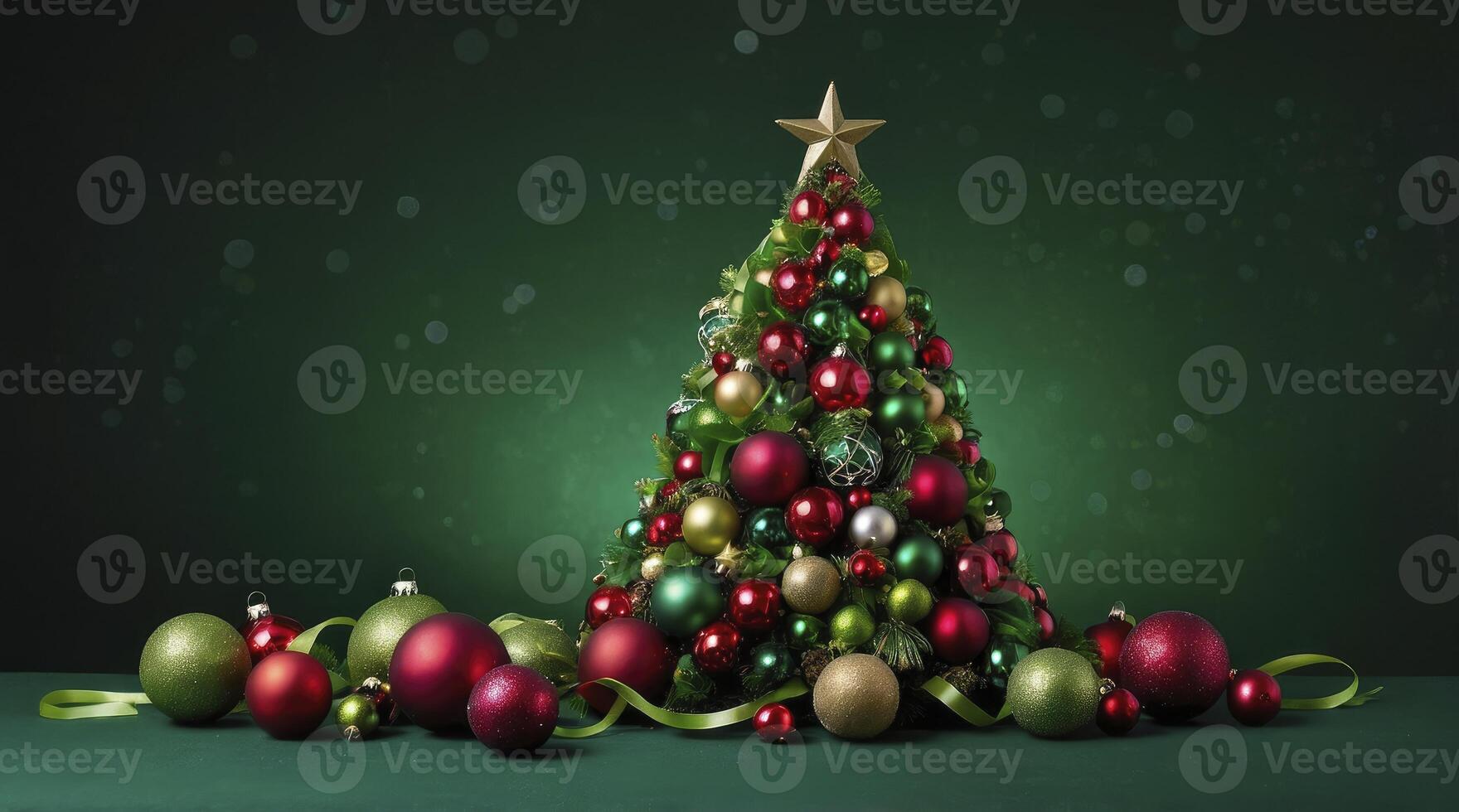 Decorated Christmas Tree with Red and Green Ornaments on Green Backdrop photo