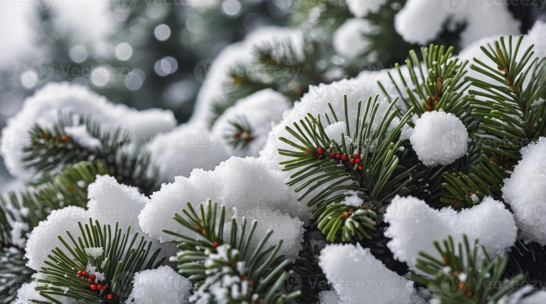 Evergreen Tree Branches Heavily Covered in Fresh Winter Snow Close Up photo