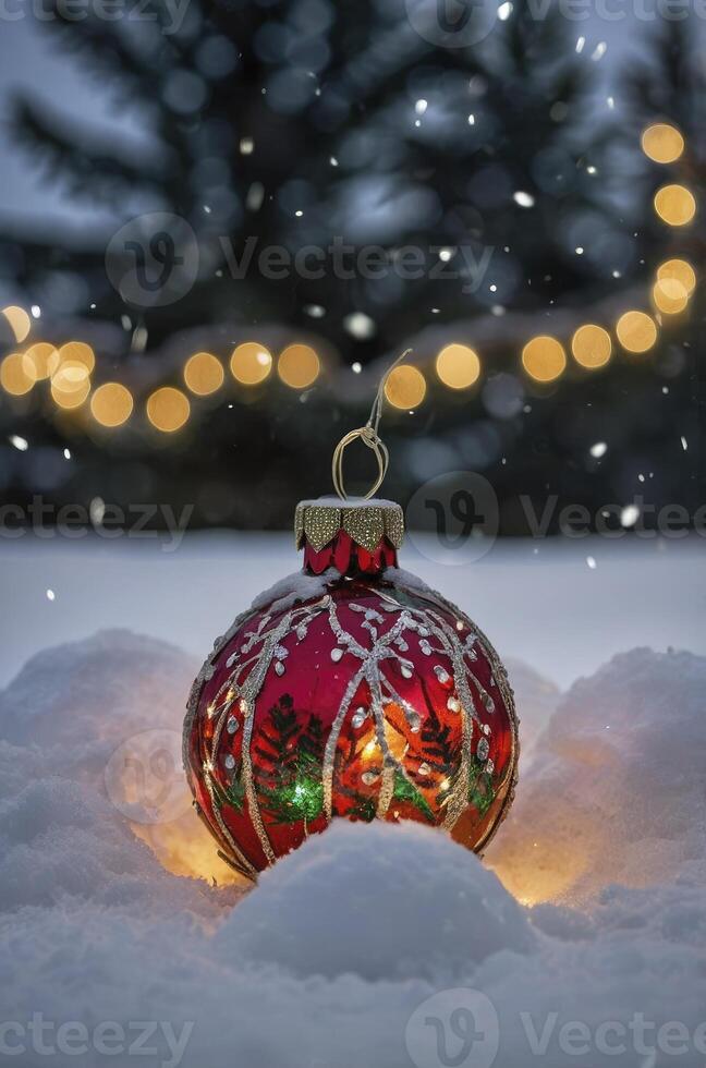 Christmas Ornament in Snow Falling with Decorative Lights and Tree photo