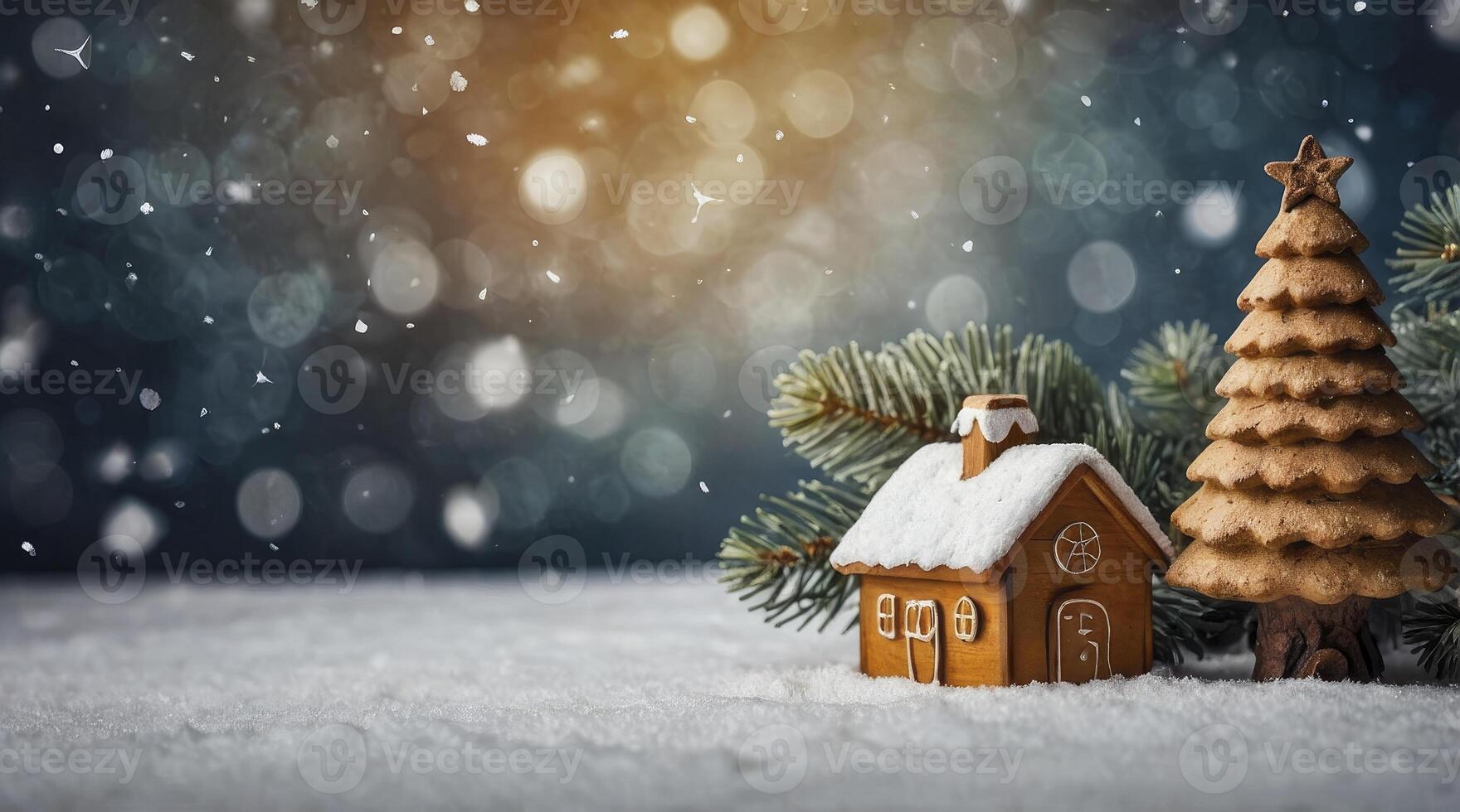 Gingerbread House and Christmas Tree with Falling Snow Festive Scene photo