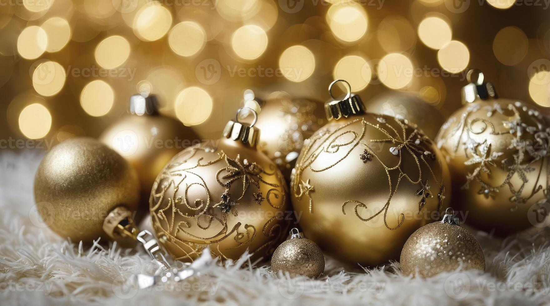 Golden Christmas Ornaments on Fluffy Surface with Bokeh Lights Background photo