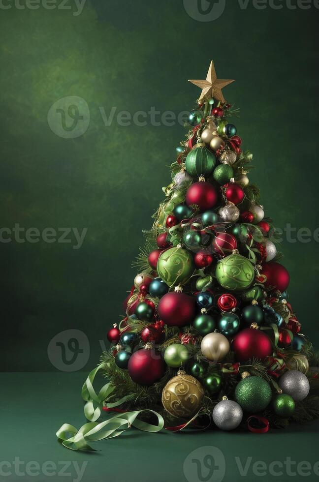 Decorated Christmas Tree with Ornaments and Star Against a Green Backdrop photo