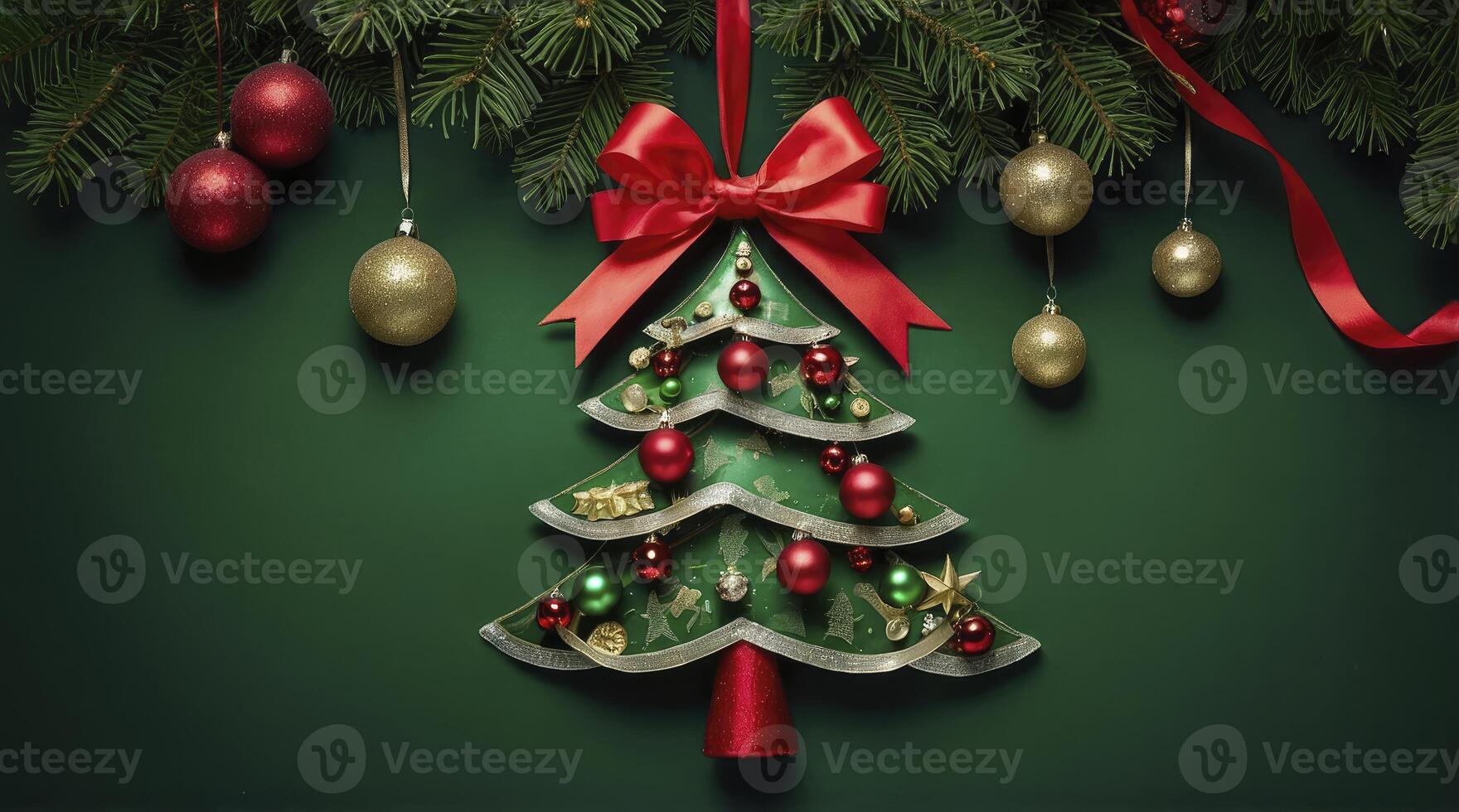 Festive Christmas Tree Ornament with Red Bow and Gold Baubles photo