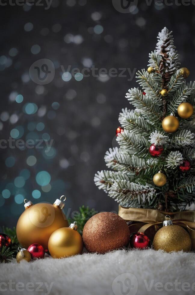 Decorated Christmas Tree with Shiny Baubles and Festive Bokeh Background photo