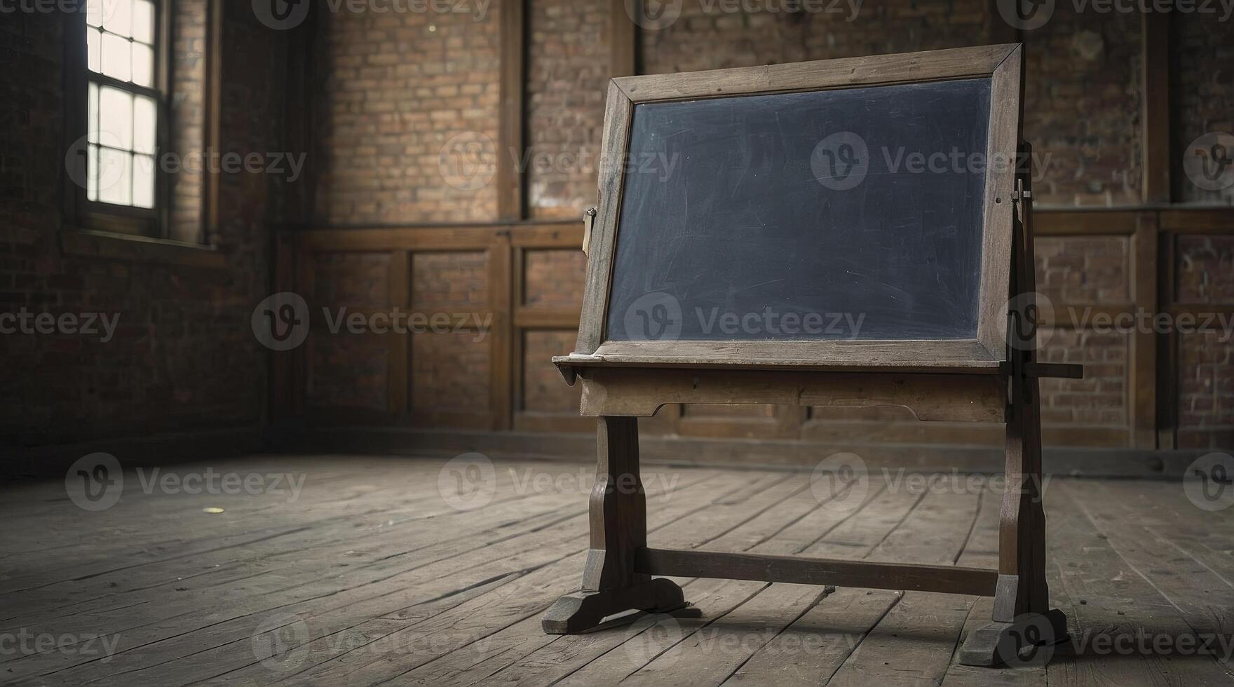 Vintage Blackboard Standing in Empty Room with Wooden Floor and Window photo