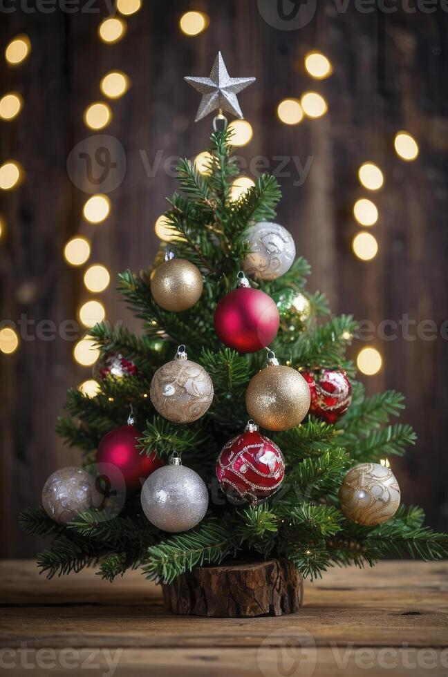Decorated Christmas Tree with Star Topper and Bokeh Lights Backdrop photo