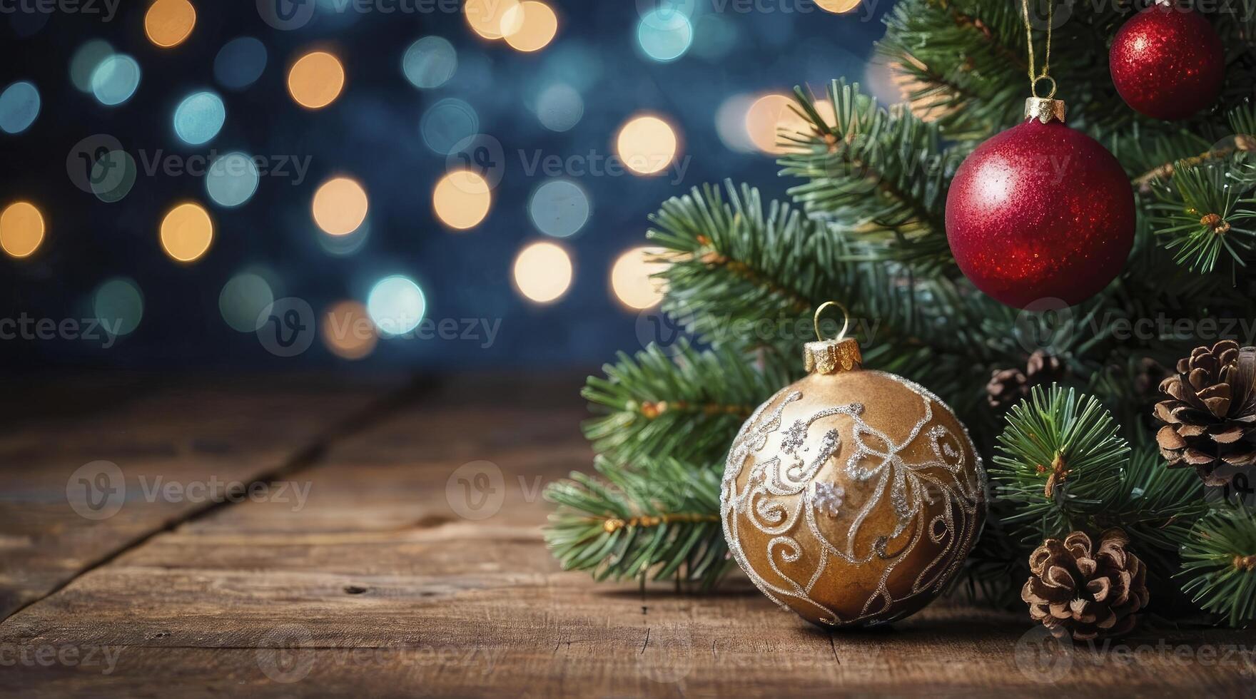 Decorating Christmas Tree with Ornament and Pine Cones on Rustic Wood photo