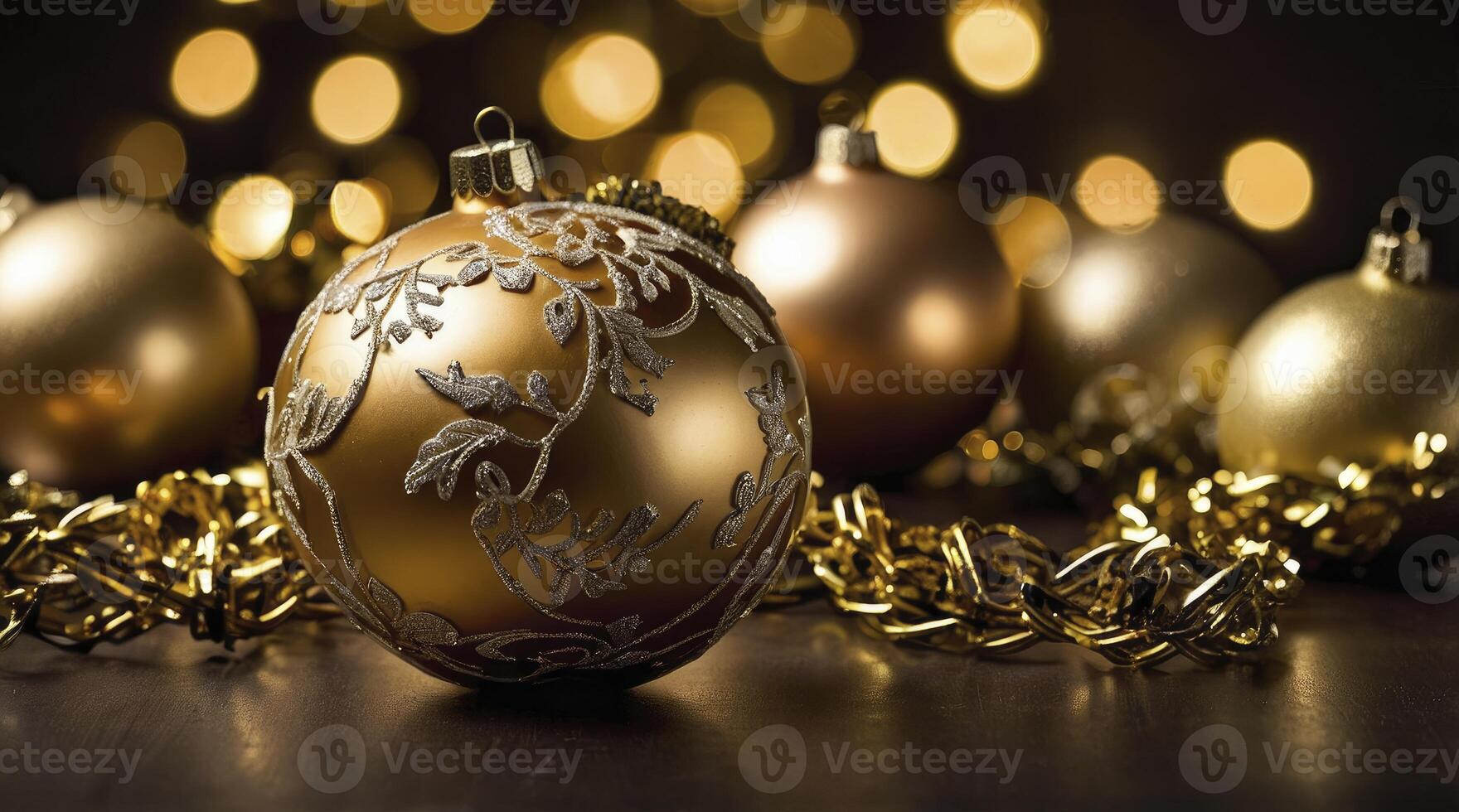 Elegant Gold Christmas Ornaments with Decorative Garland and Bokeh Lights photo