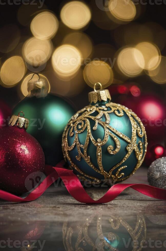 Festive Christmas Ornaments with Ribbon and Glowing Bokeh Lights Backdrop photo