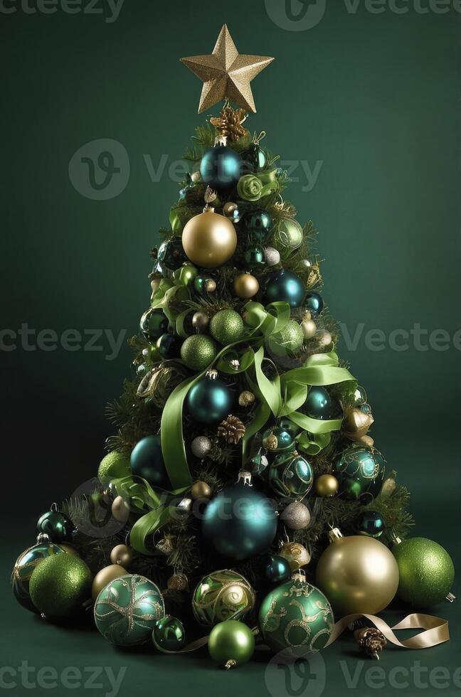 Decorated Christmas Tree with Ornaments and Star Topper on Green Backdrop photo