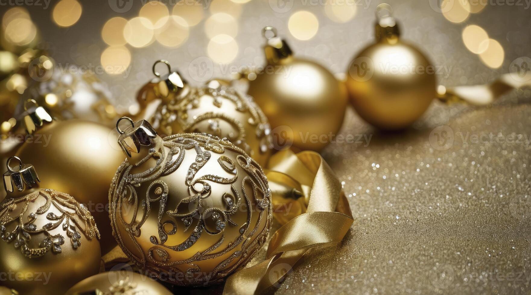 Golden Christmas Ornaments with Ribbon and Bokeh Lights Background Festive photo