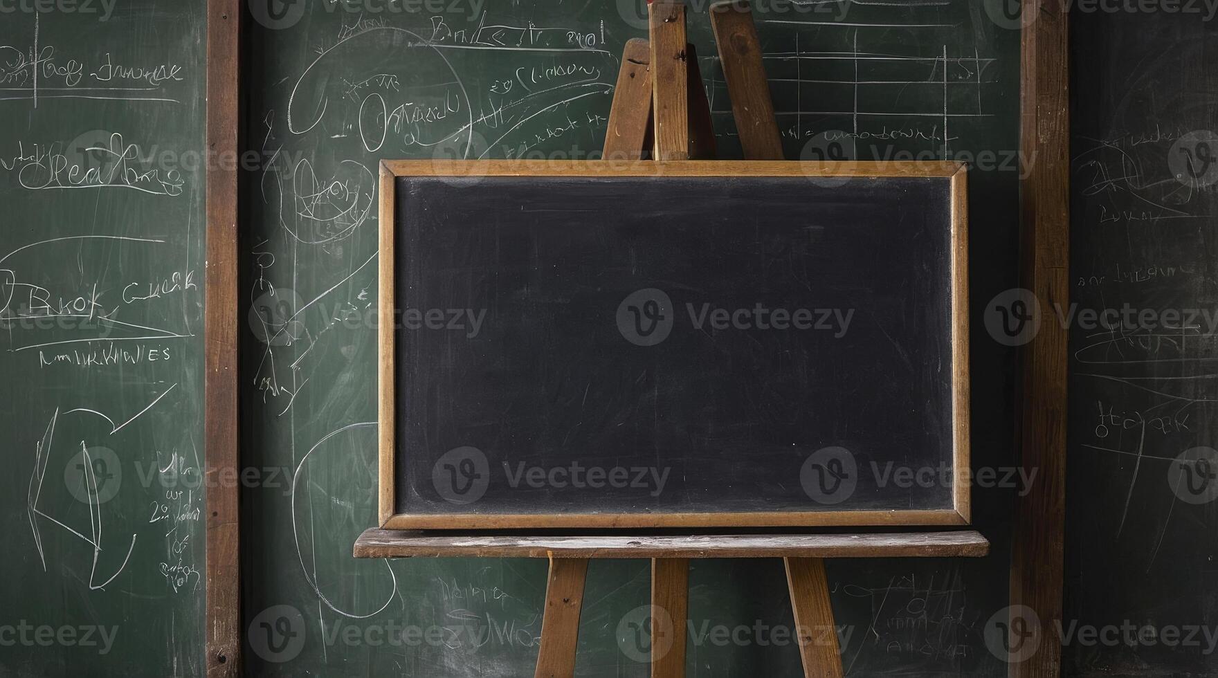 Empty Blackboard on Easel with Chalkboard Background for Learning Concepts photo