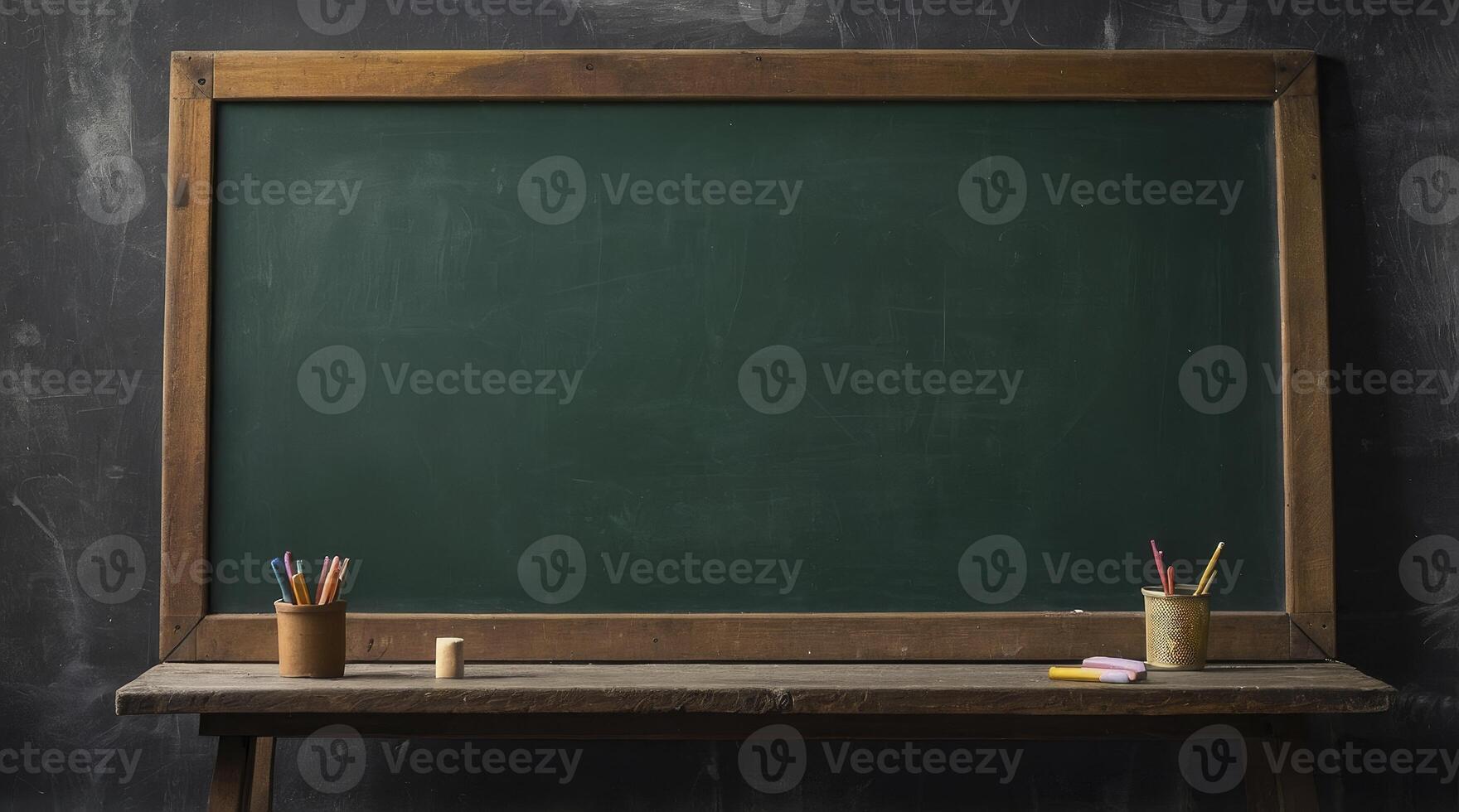 Old Chalkboard with Chalk and Pencils in Classroom Ready for Learning photo