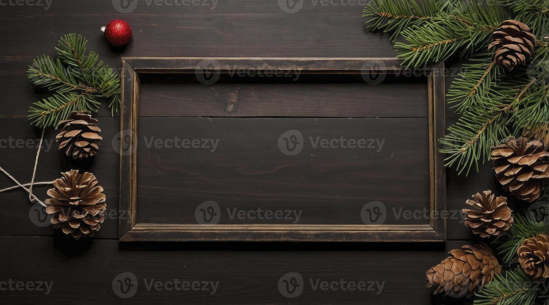 Creating Festive Holiday Decoration Scene with Frame, Pine Cones, and Greens photo
