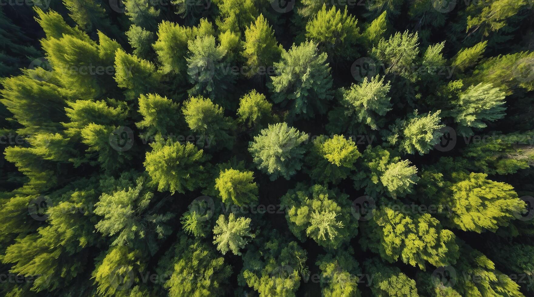 Aerial View of Green Forest Canopy with Sunlight Filtering Through Trees photo