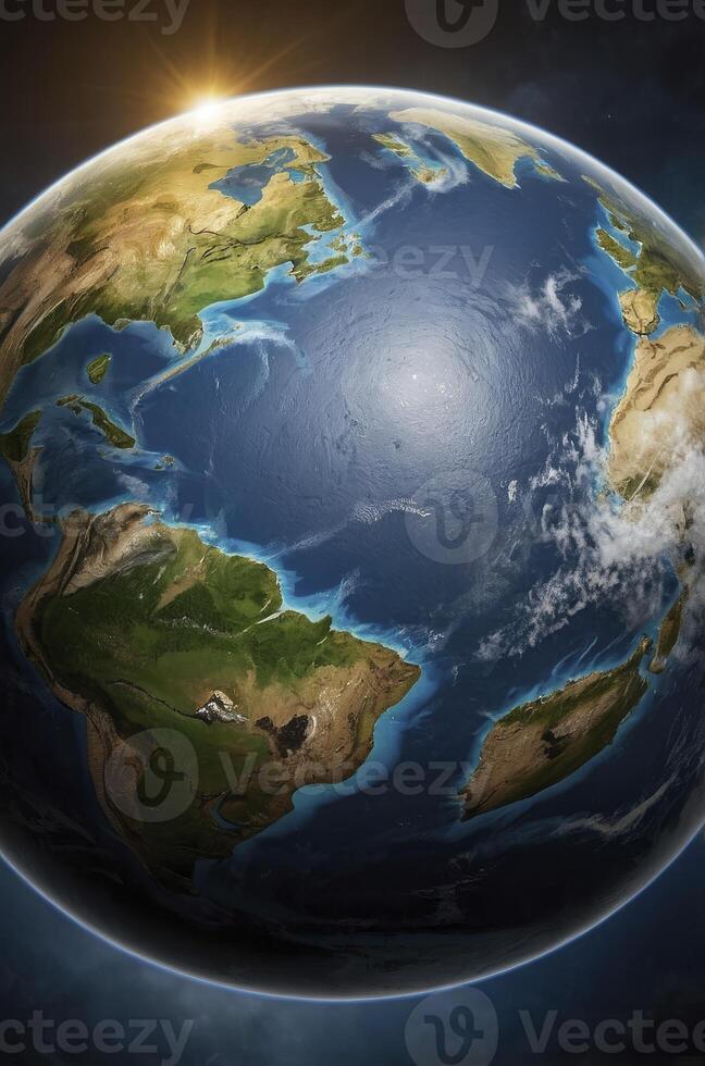 Earth Globe Showing Continents and Oceans with the Sun Shining Above photo