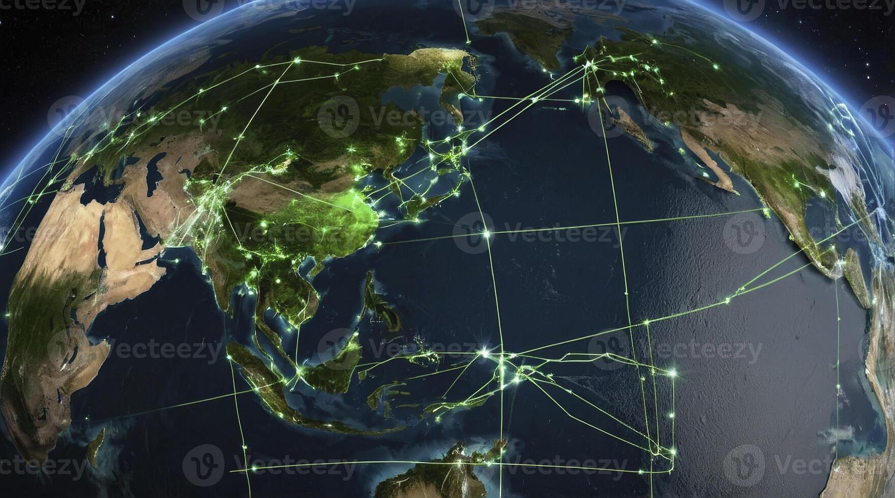 Global Network Communication Lines Spreading Around the Earth From Space View photo