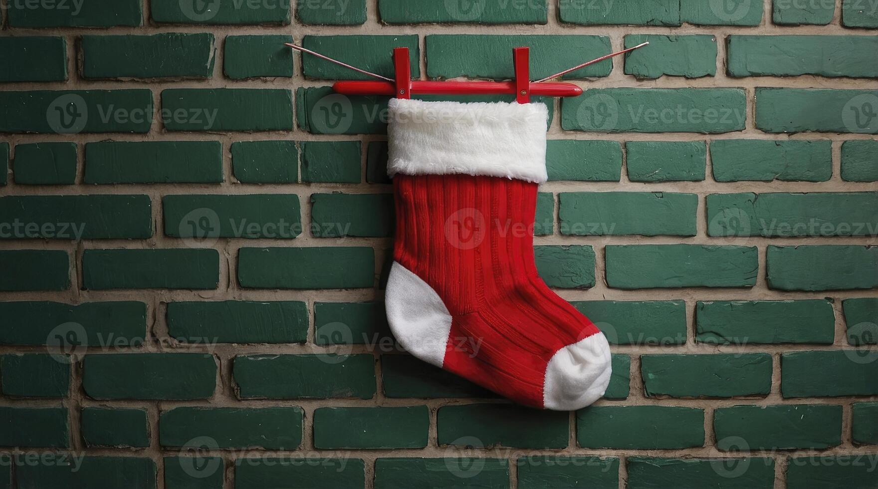 Hanging Christmas Stocking on Brick Wall with Clothespins Festive Holiday Concept photo