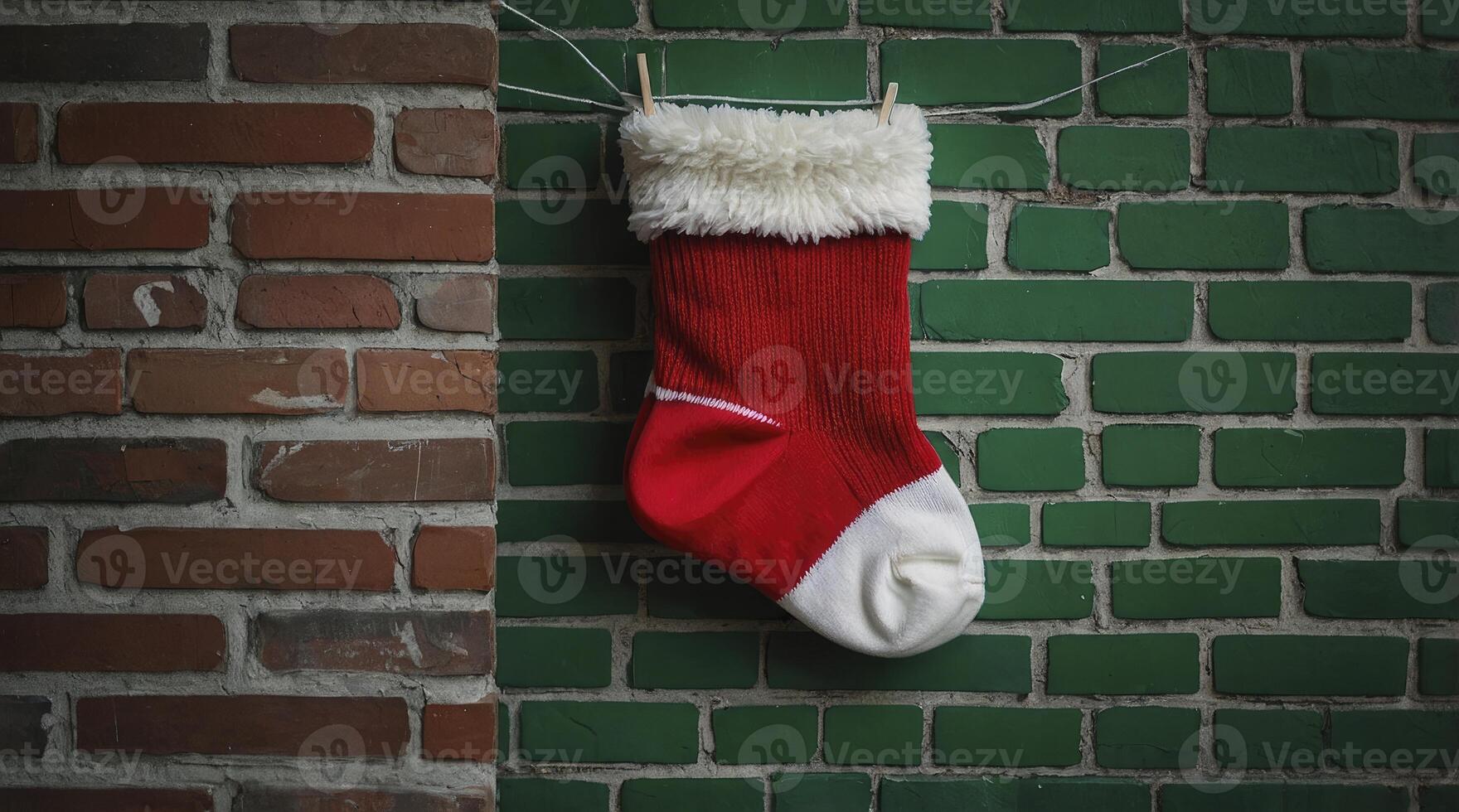 Hanging Christmas Stocking Against Brick Wall for Holiday Decoration photo