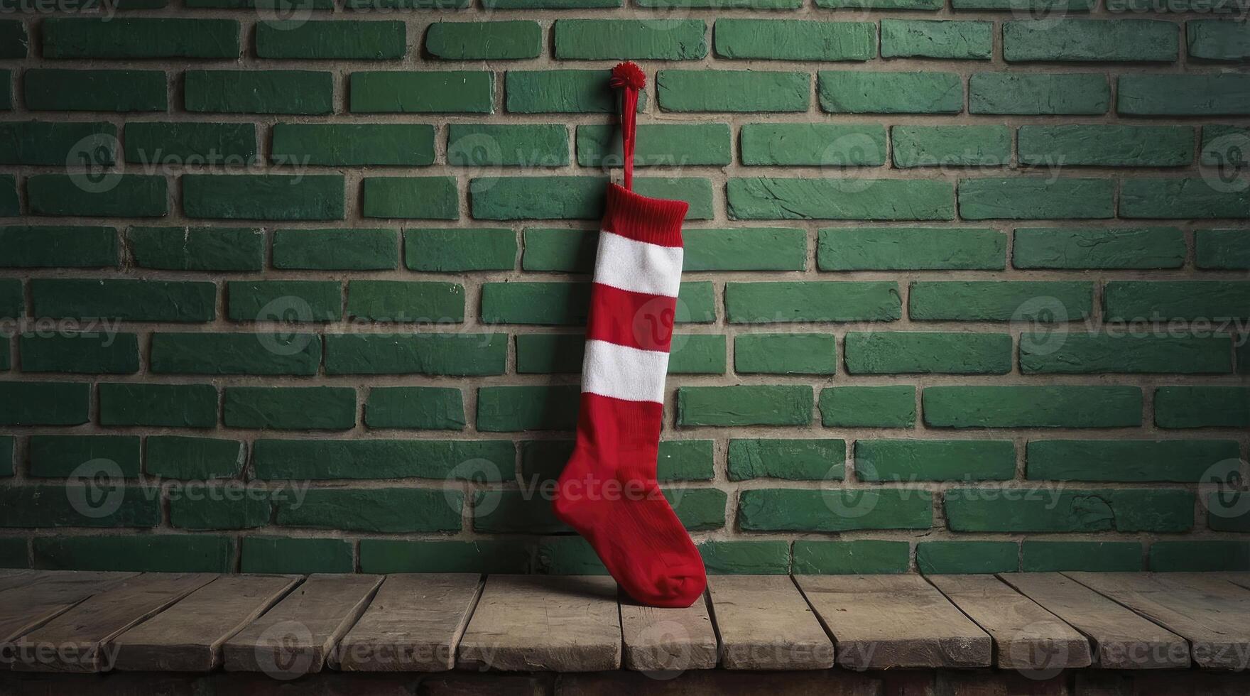 Hanging Christmas Stocking on Green Brick Wall with Wooden Shelf photo