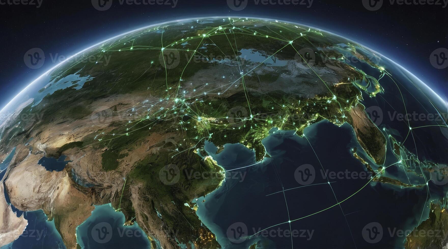 Earth From Space Showing Asia Illuminated with Glowing Network Connections photo