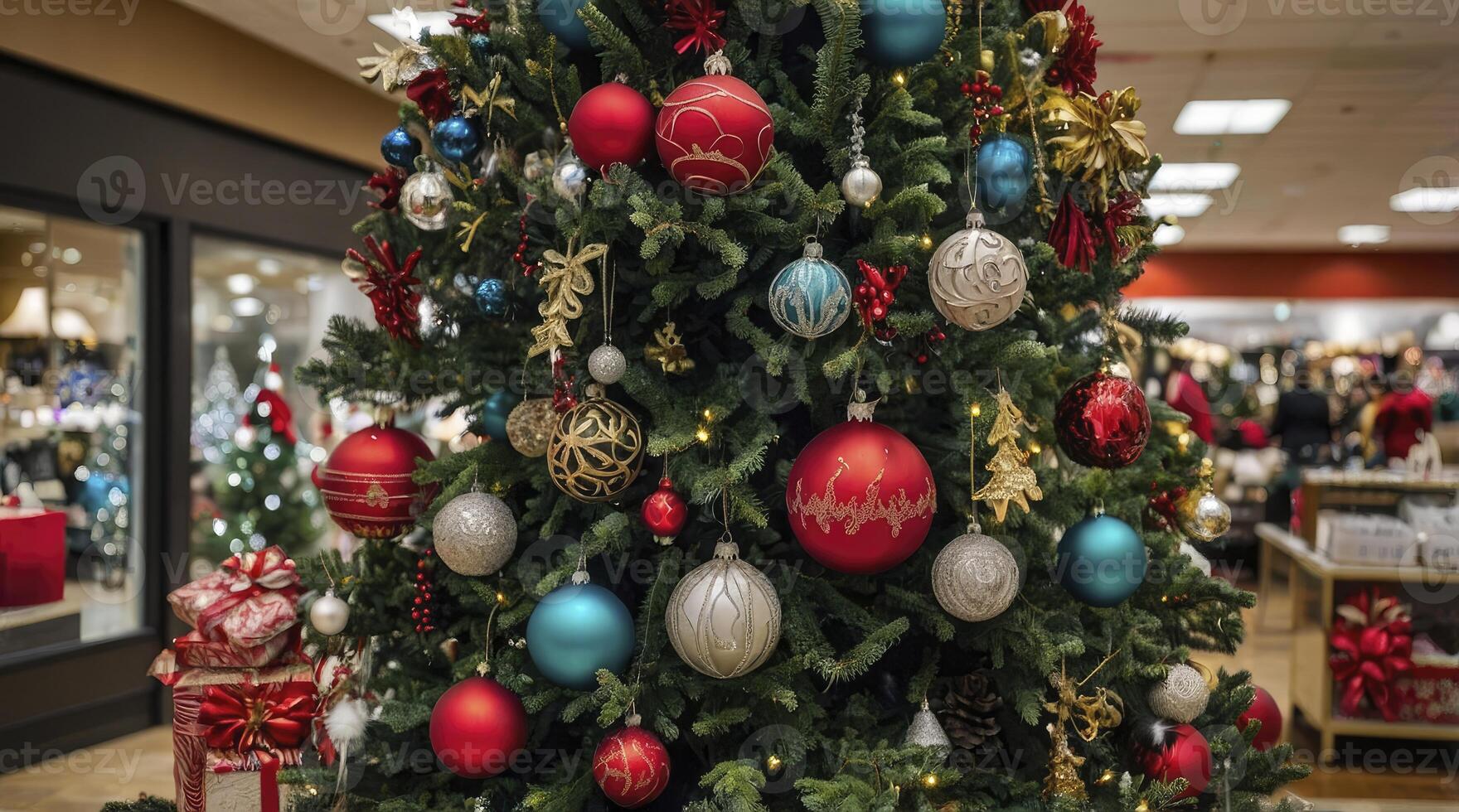 Decorated Christmas Tree in Store with Ornaments and Wrapped Presents photo