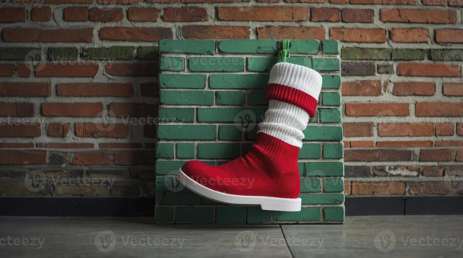 Festive Christmas Stocking Hanging Against Brick Wall Holiday Celebration photo