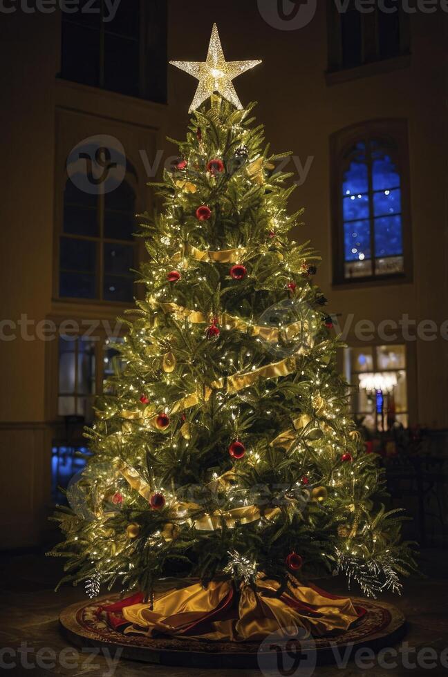 Decorated Christmas Tree with Lights and Ornaments in a Room photo