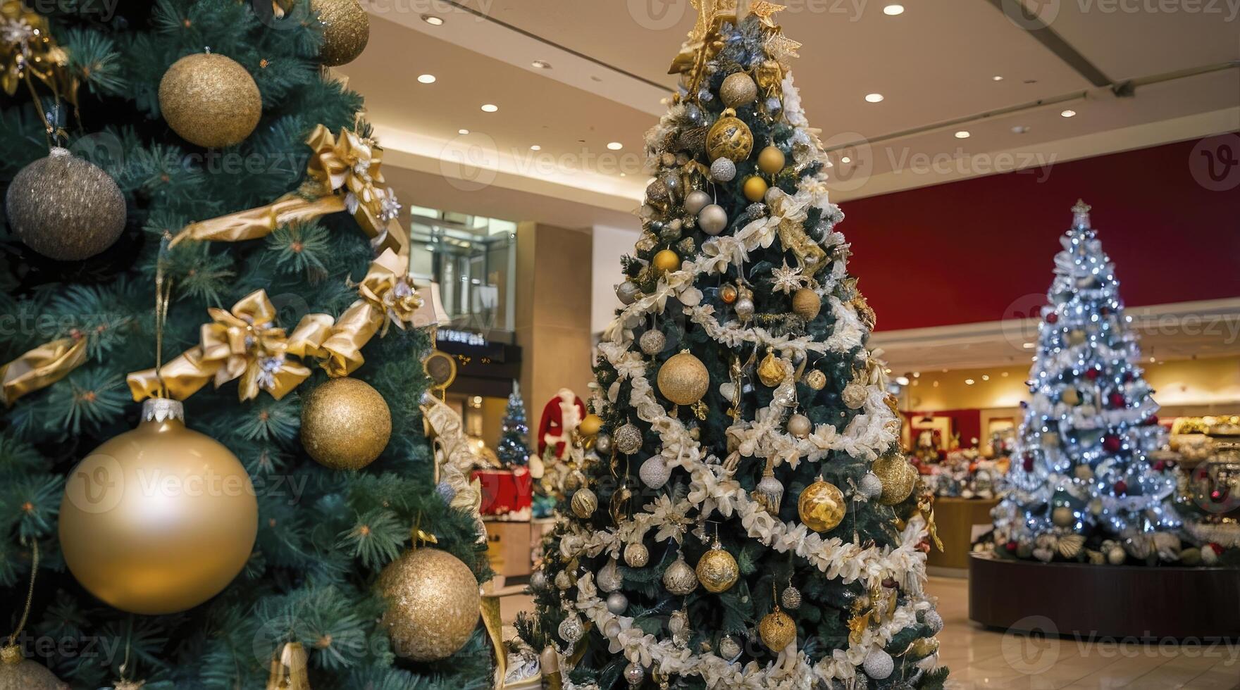 Decorated Christmas Trees in Mall with Gold and White Ornaments photo