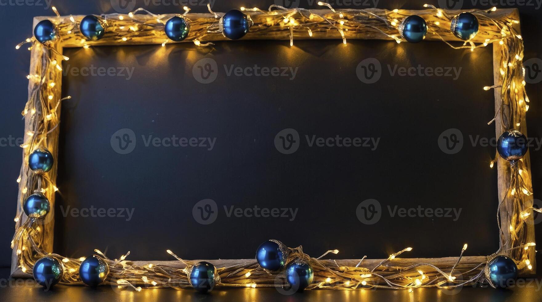 Christmas Frame Decorated with Blue Ornaments and Glowing String Lights photo