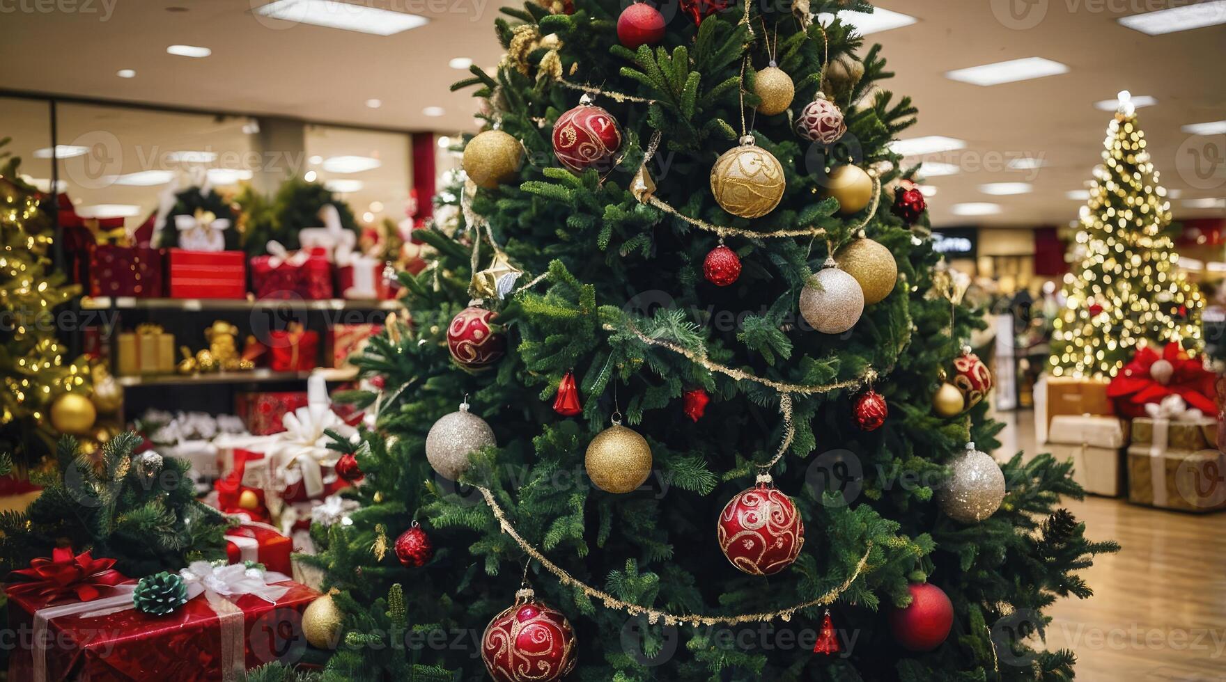 Decorated Christmas Tree in Store with Gifts and Festive Atmosphere photo