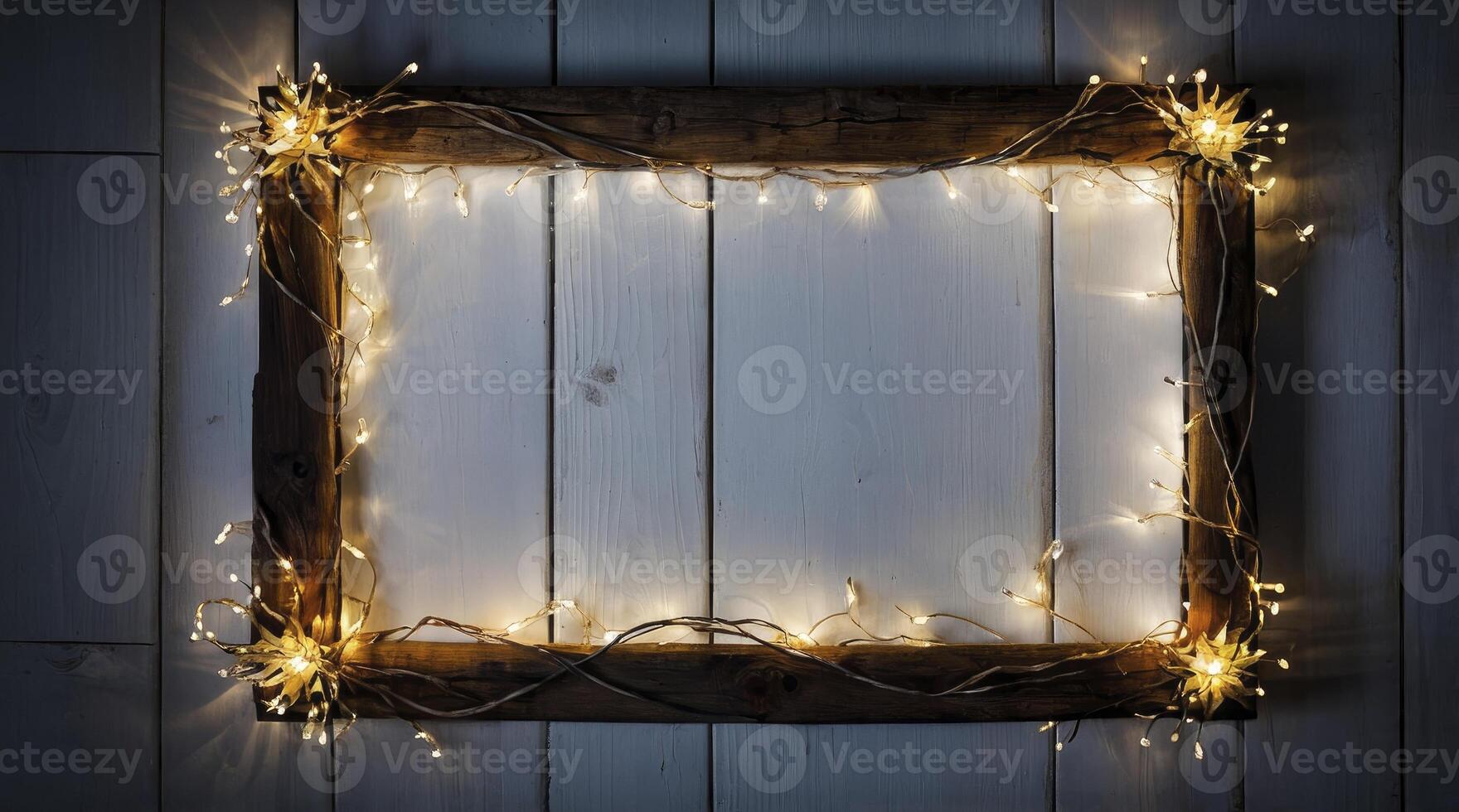 Rustic Wood Frame Decorated with Warm Fairy Lights and White Backdrop photo