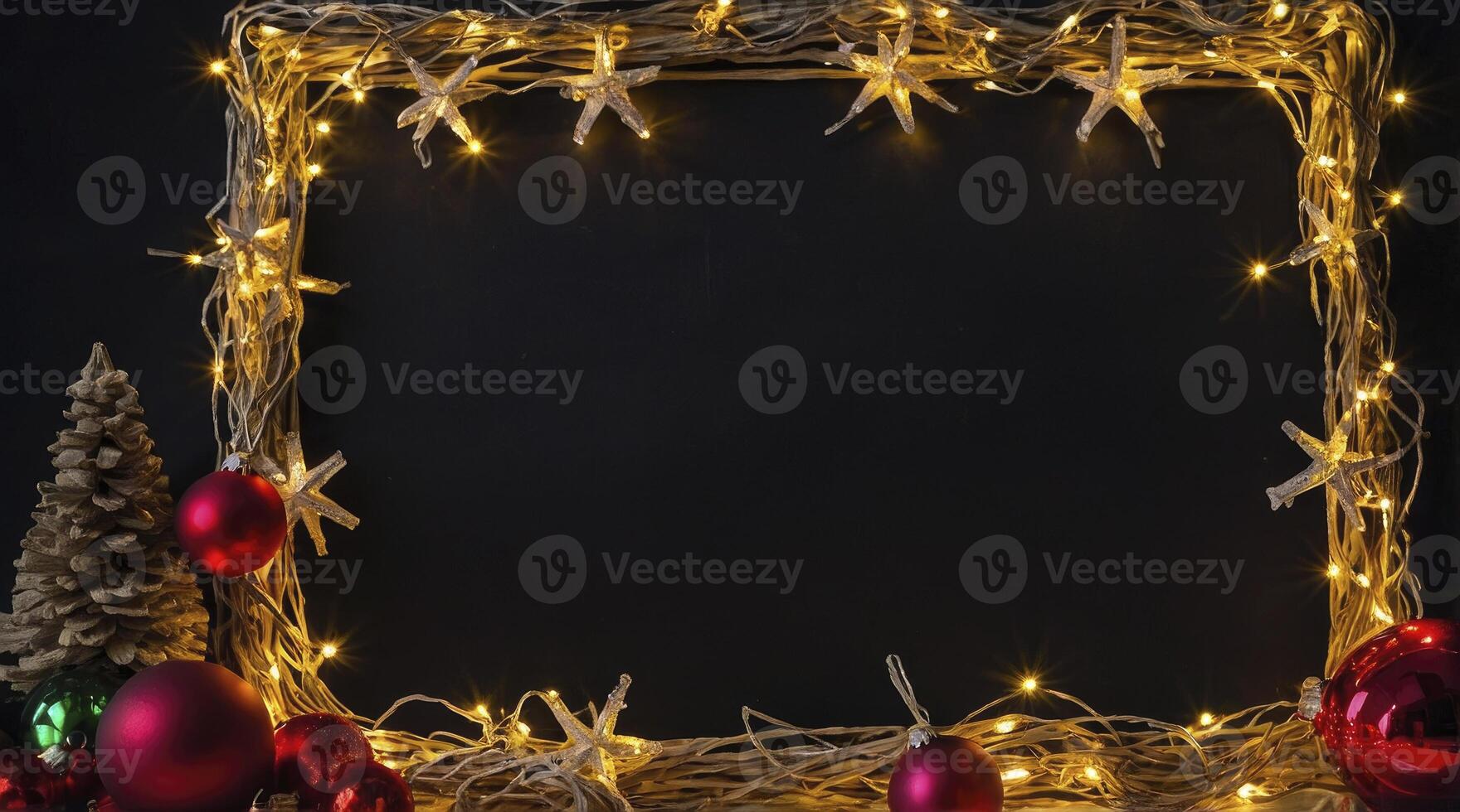 Festive Christmas Decoration Frame with Lights and Ornaments on Black Background photo