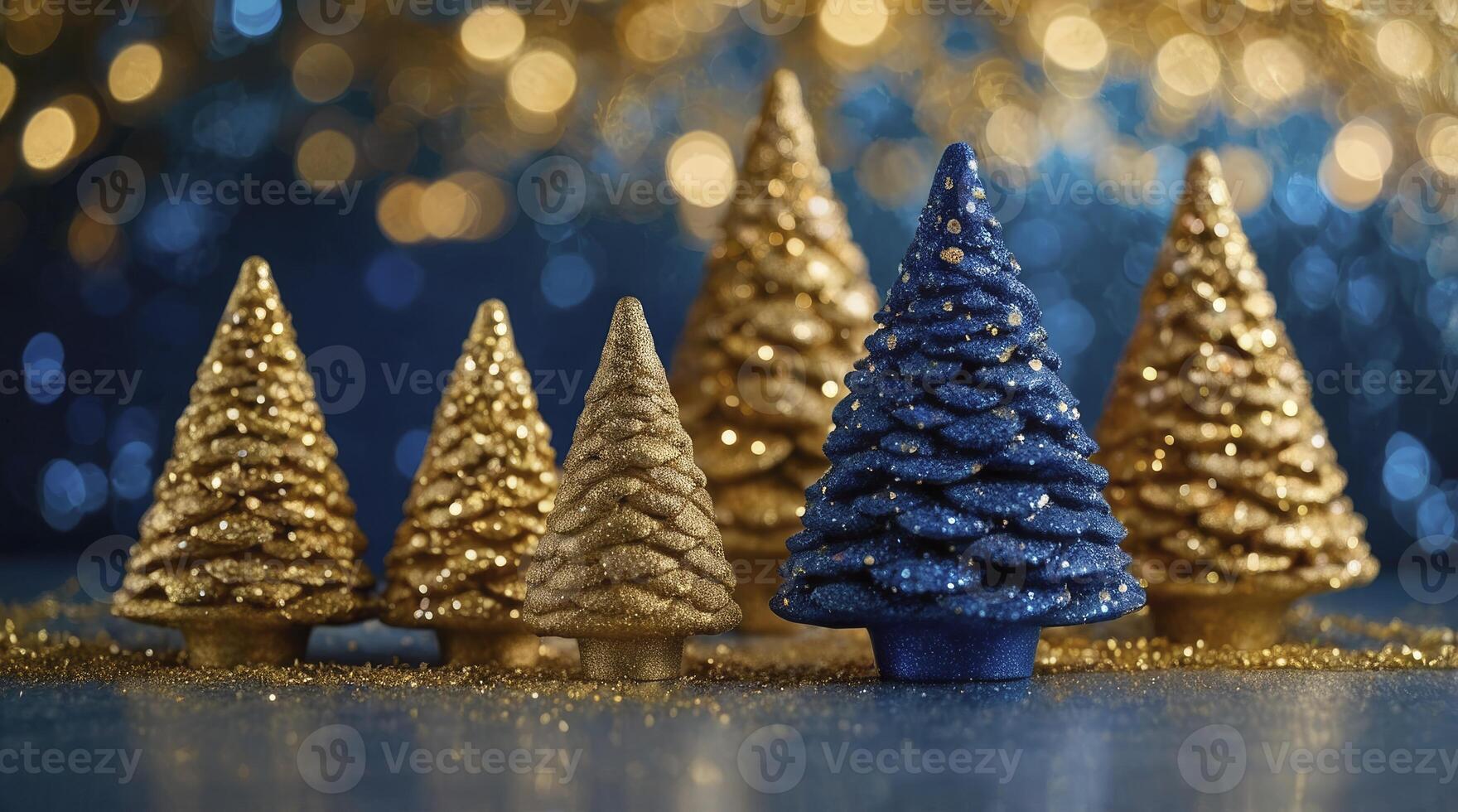 Festive Christmas Tree Decorations in Gold and Blue with Bokeh Lights photo